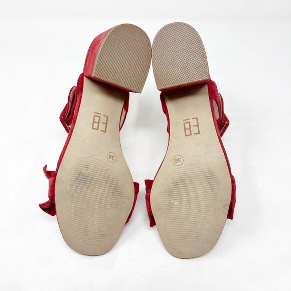 [E8 By Miista] Red Suede Leather Sandie Ruffle Strap Block Heel Sandals Size 5.5 - Picture 11 of 12
